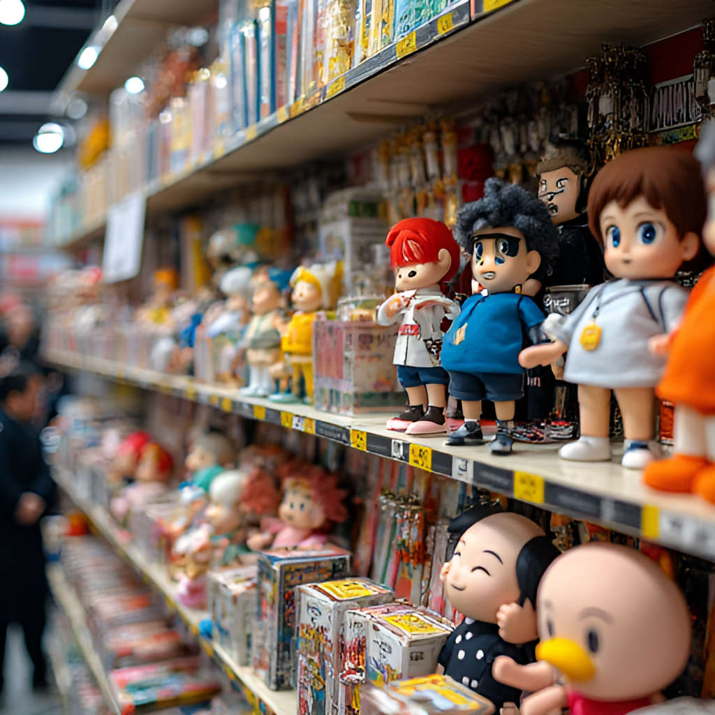A close-up shot of a diverse collection of anime merchandise, including character figures, plush toys, keychains, and manga volumes, neatly displayed on a shelf or booth at an anime convention. Emphasize the vibrant colors and detailed designs of the items.