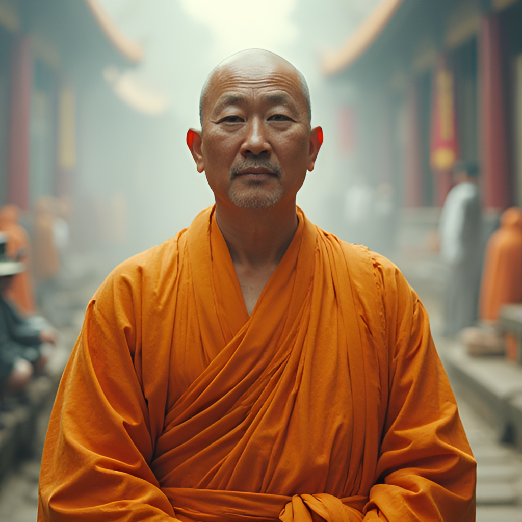 A conceptual image illustrating the duality of Shi Yongxin's public perception: one side showing a serene Buddhist monk in traditional robes, and the other side showing a modern, business-savvy leader with subtle elements of technology or commerce in the background, subtly blending traditional and modern elements.