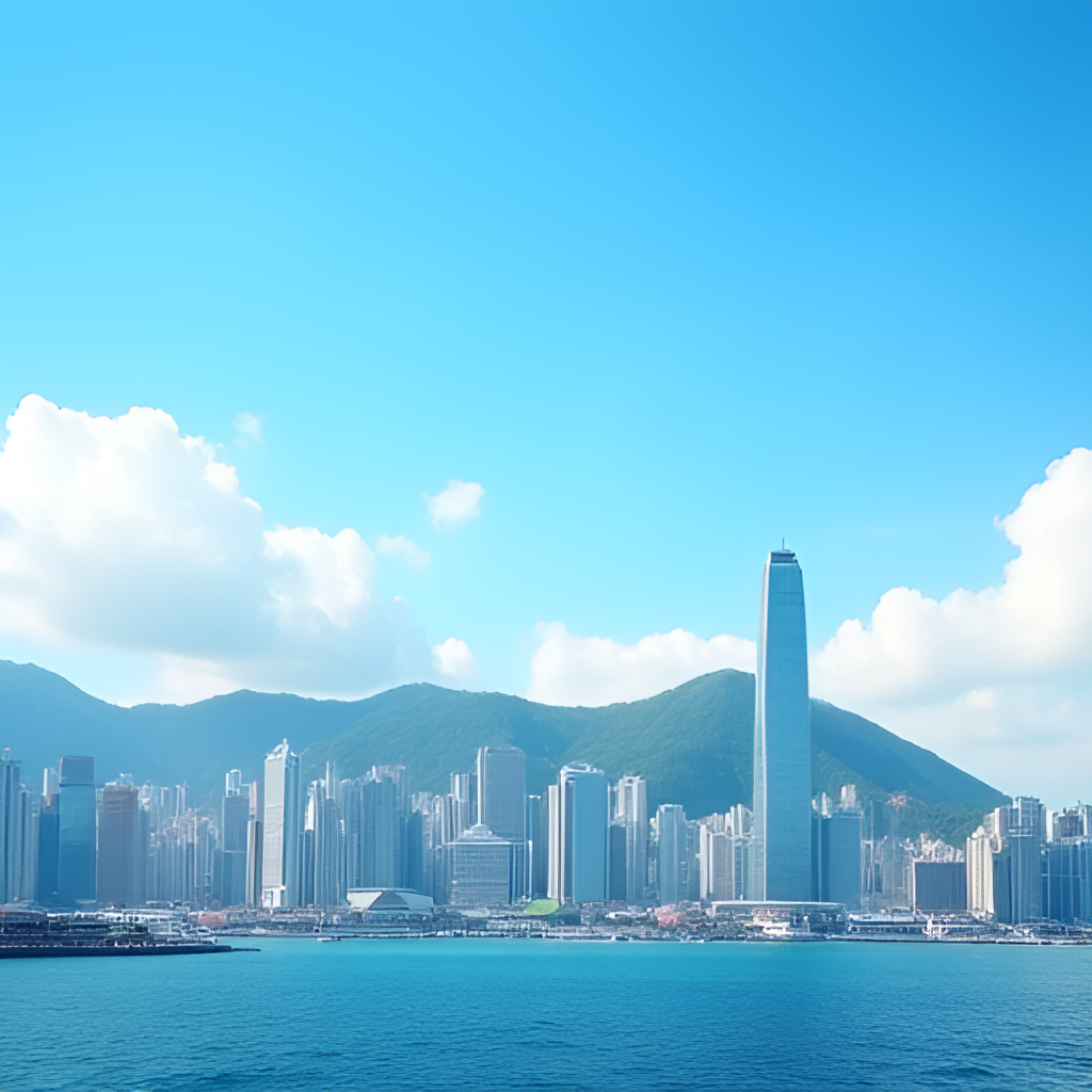 A contrasting image showing a vibrant, sunny Hong Kong skyline with clear blue skies and fluffy white clouds, perhaps with Victoria Harbour in the foreground, symbolizing the pleasant side of weather and hope for a stable climate. The city is bustling but bathed in light.