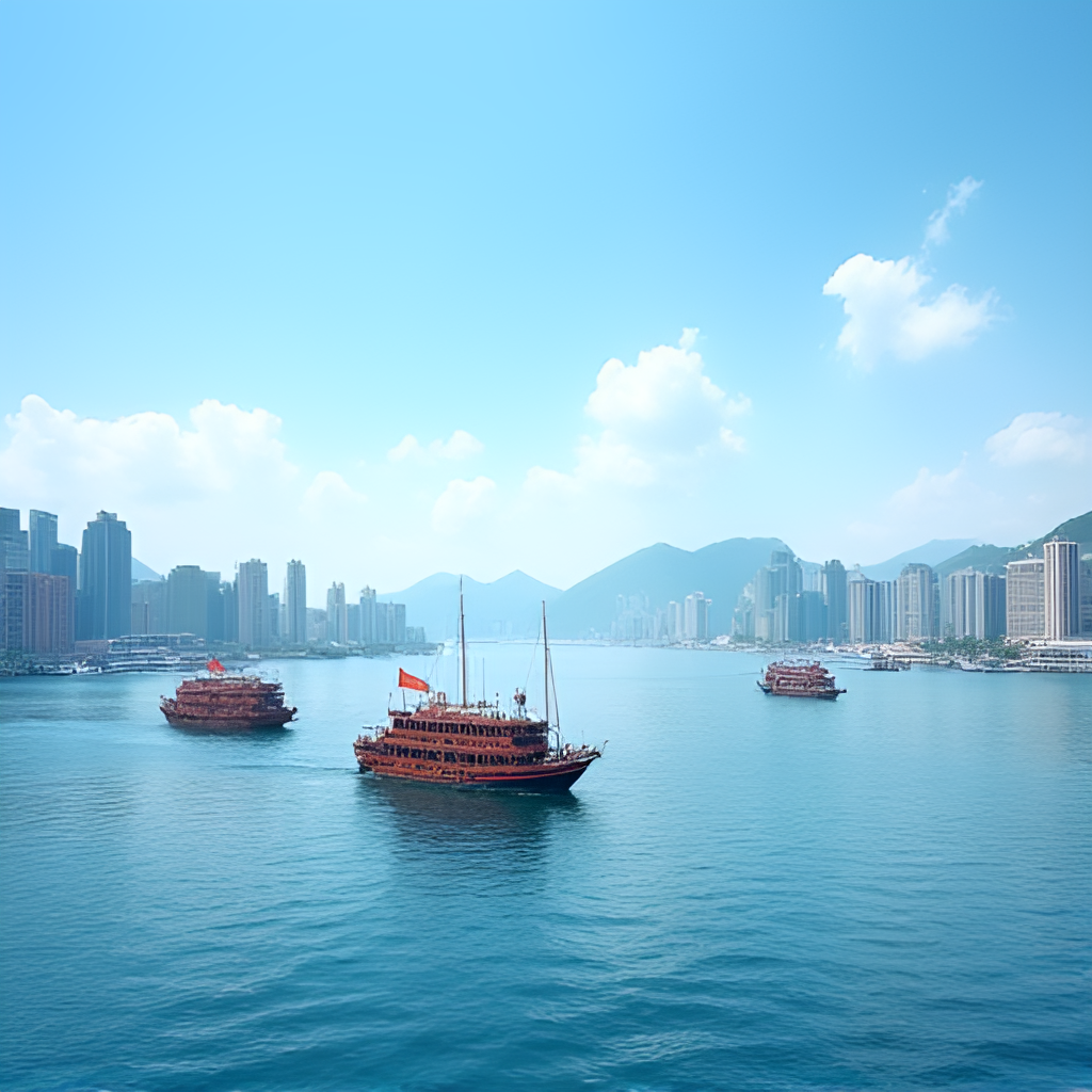 A serene photograph of Victoria Harbour on a clear, cool autumn day in Hong Kong, with bright blue skies, distant mountains, and traditional junk boats sailing on calm waters, conveying pleasant weather conditions.